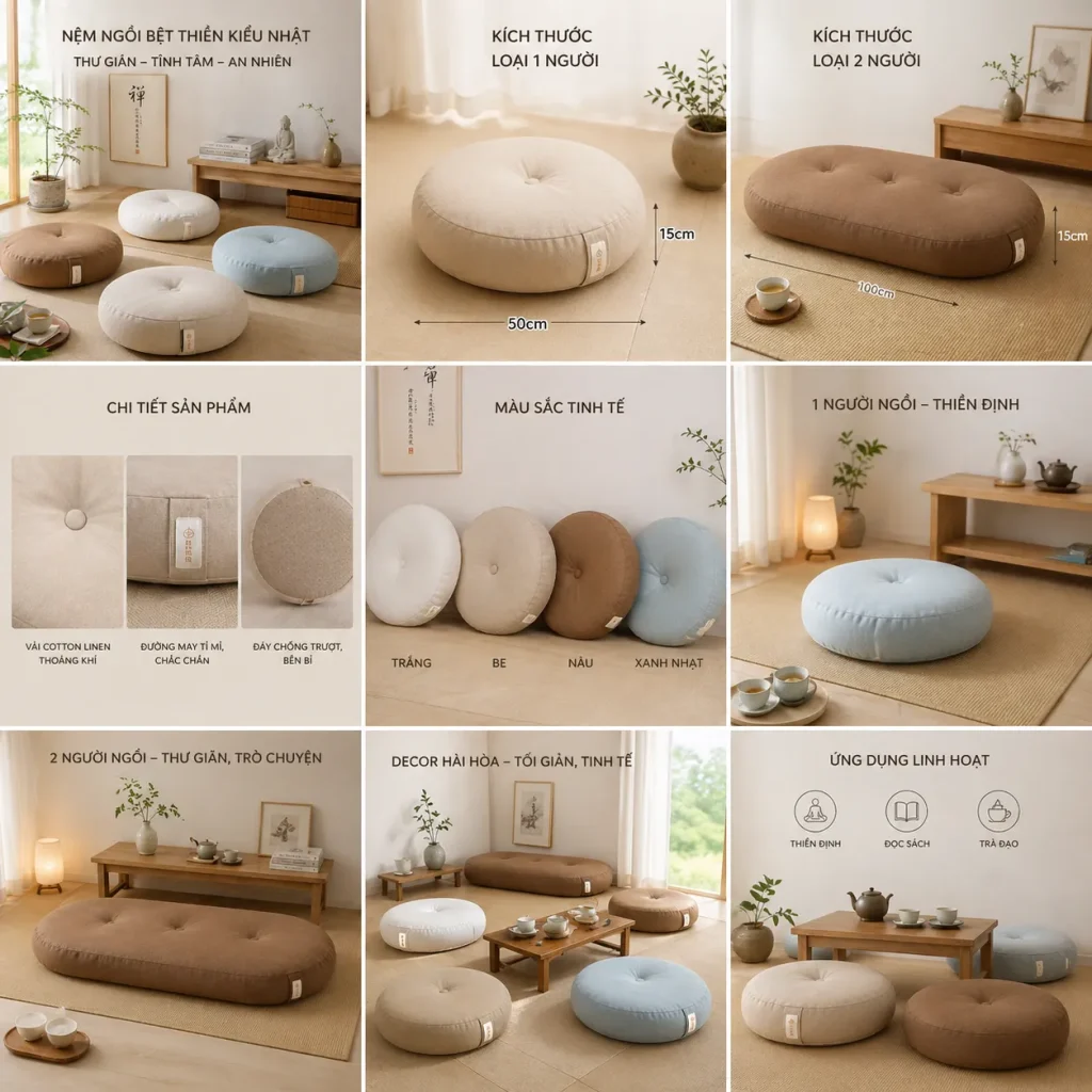 Nệm ngồi bệt kiểu Nhật thiền 9 Nệm ngồi 1 người phù hợp góc thiền cá nhân