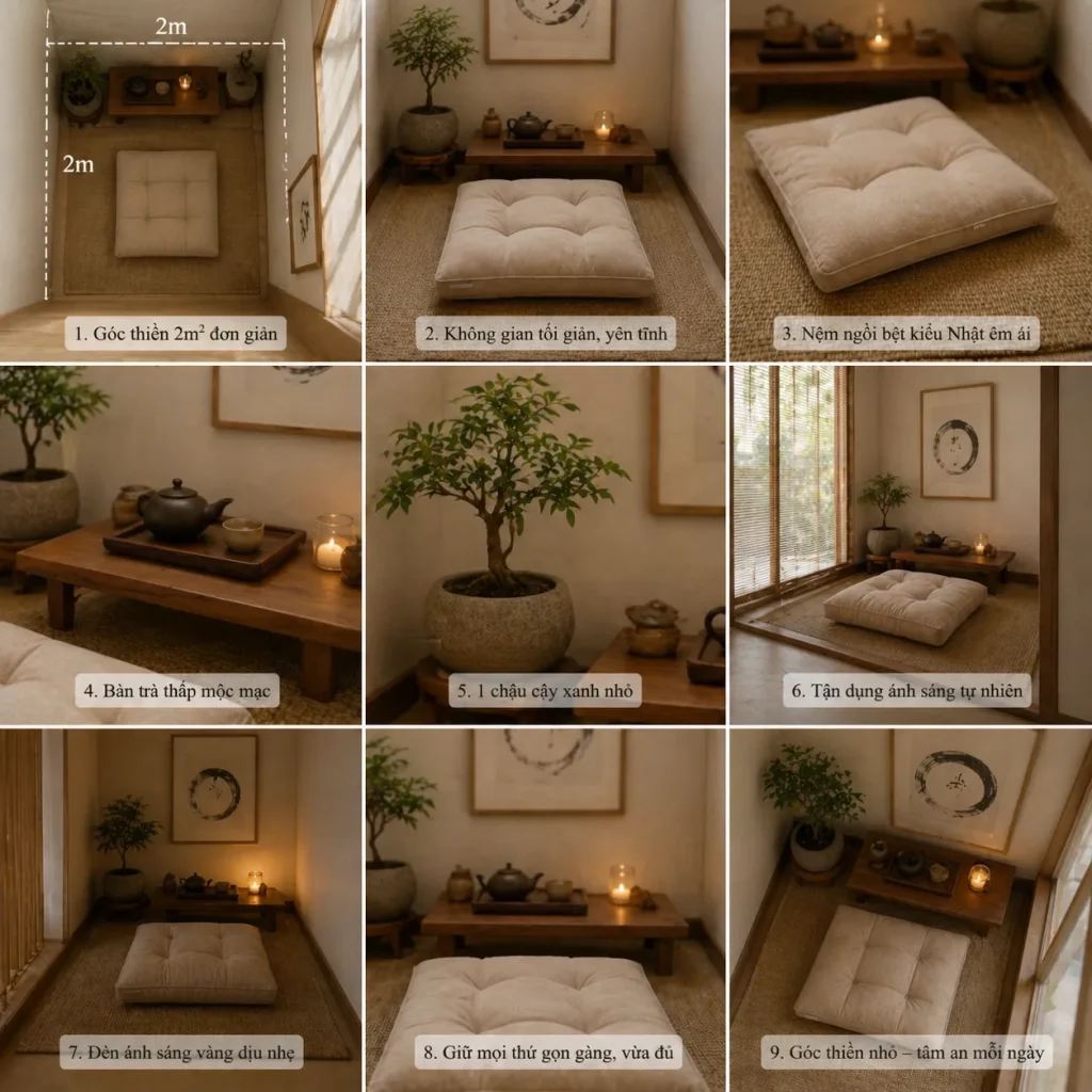 Nệm ngồi bệt kiểu Nhật thiền 12 Góc thiền nhỏ chỉ cần nệm ngồi, bàn trà và cây xanh
