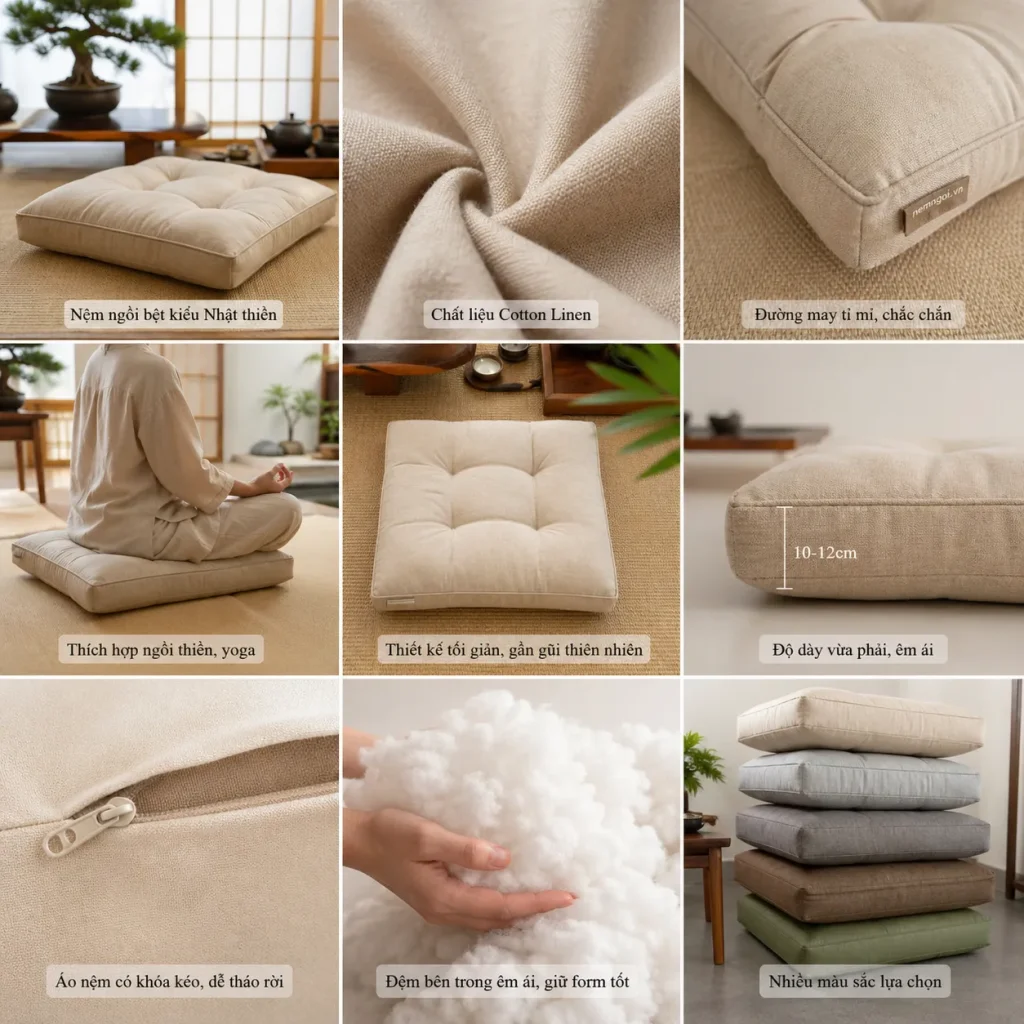 Nệm ngồi bệt kiểu Nhật thiền 10 Chất liệu cotton, linen mang lại cảm giác thoáng mát