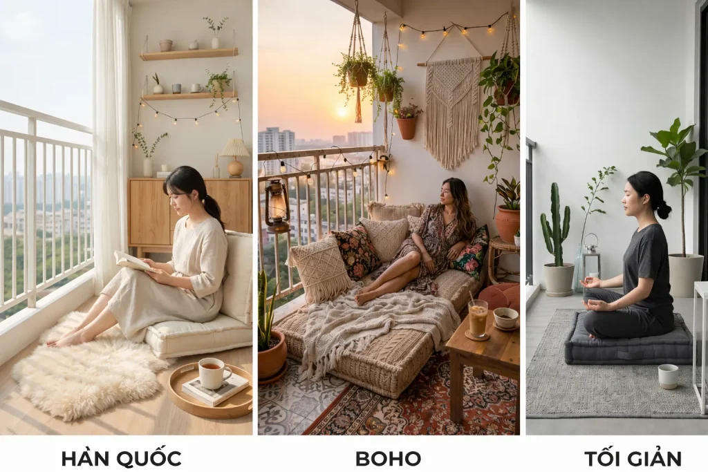 Nệm ngồi ban công 15 3 phong cách decor ban công với nệm ngồi: Hàn Quốc – Boho – Tối giản