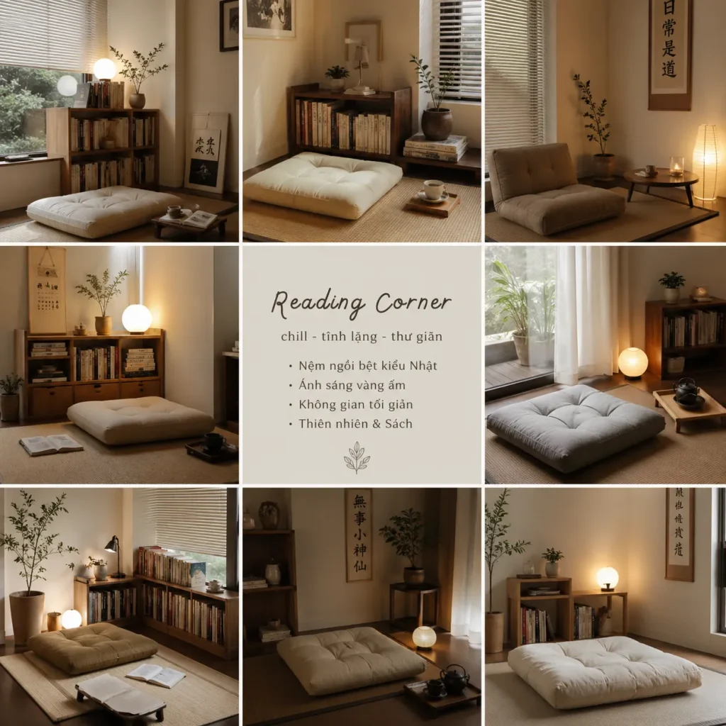 Nệm ngồi bệt kiểu Nhật thiền 13 Góc chill đọc sách với nệm ngồi và ánh sáng ấm
