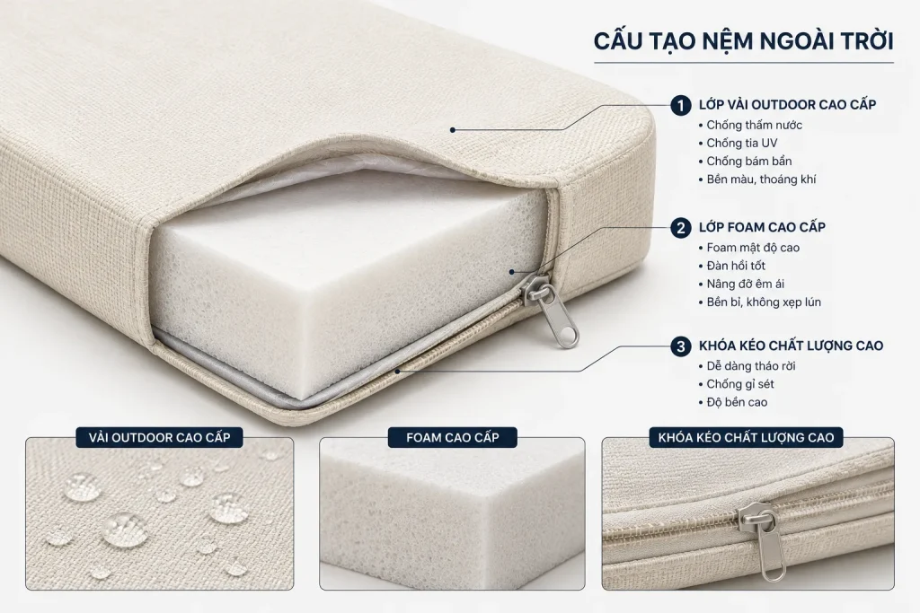 Nệm ghế hồ bơi 6 Cấu tạo nệm ghế hồ bơi gồm foam đàn hồi cao và vải chống nước outdoor.