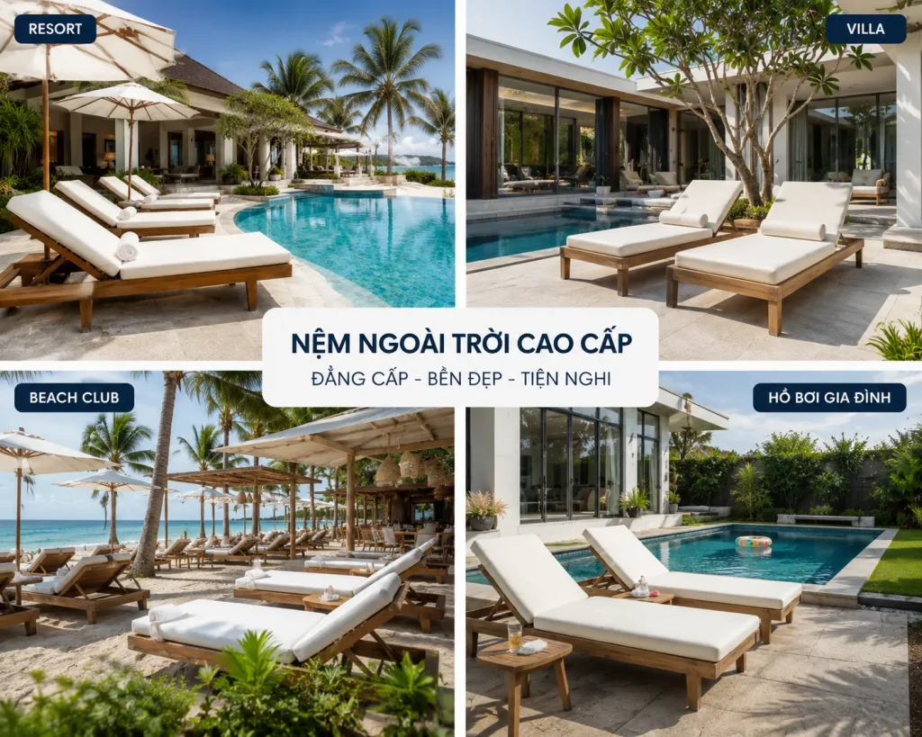 Nệm ghế hồ bơi 9 Nệm ghế hồ bơi được ứng dụng rộng rãi tại resort, villa và beach club.