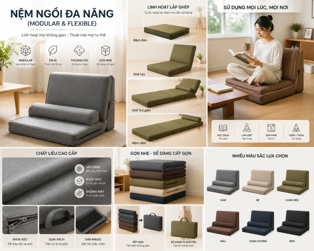Xu Hướng Nệm Ngồi 2026 | Khi Công Nghệ Vật Liệu Dẫn Dắt Trải Nghiệm Người Dùng 8 Nệm ngồi đa năng phù hợp nhiều mục đích sử dụng khác nhau
