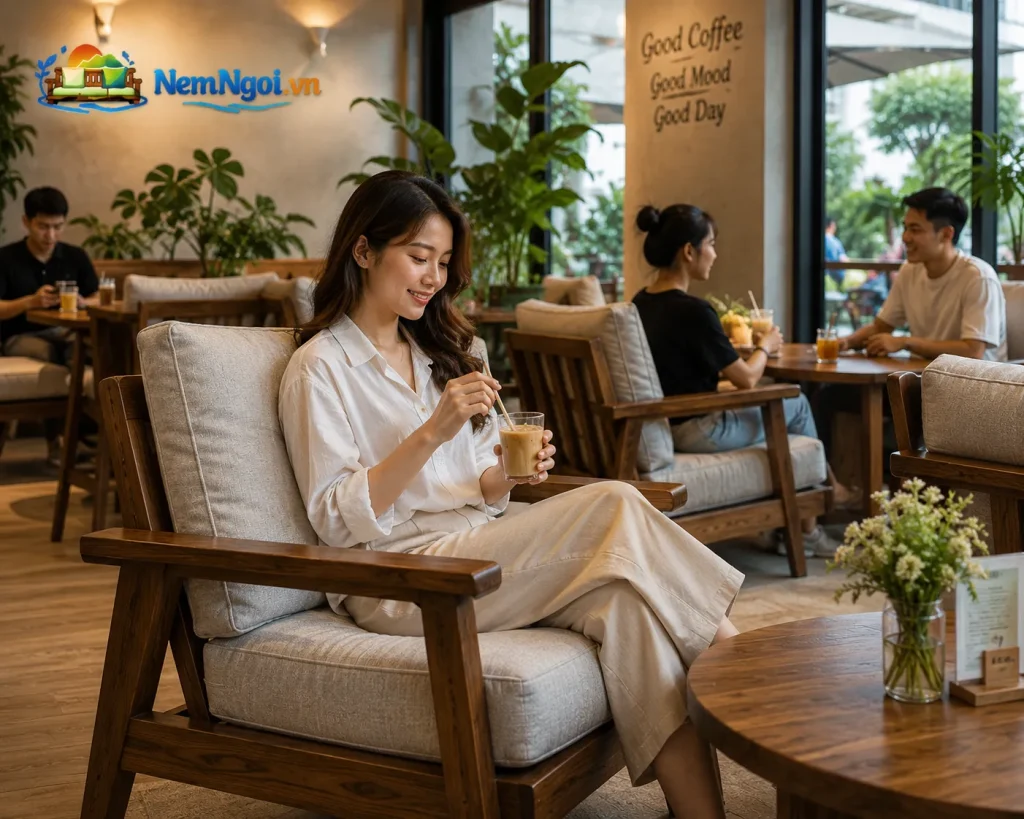 Không gian cafe sử dụng nệm ghế đồng bộ hiện đại