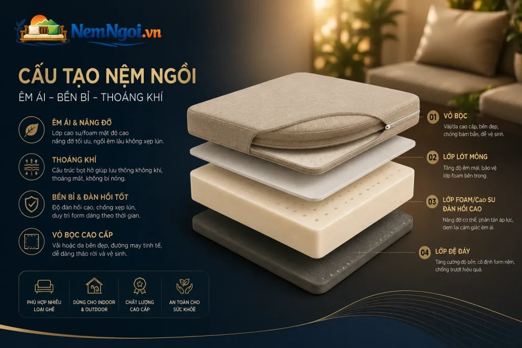 Đệm Bệt Phòng Khách, Ban Công, Quán Cafe | May Theo Yêu Cầu 2 Cấu tạo cơ bản của đệm bệt với ruột mút êm ái và vỏ bọc đa dạng chất liệu