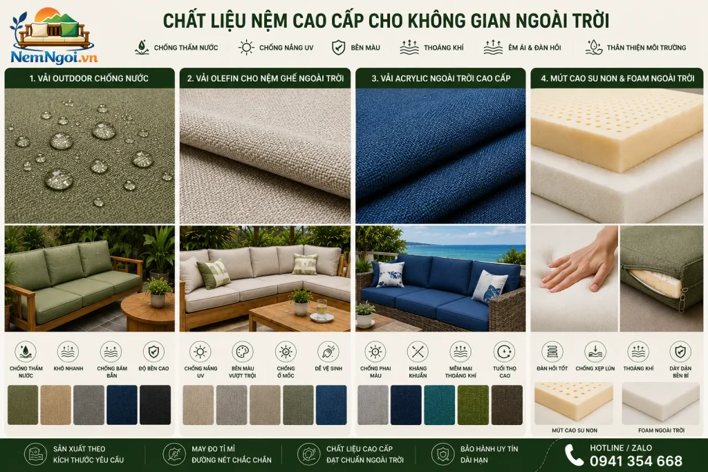 Nệm Ngồi Ngoài Trời Cho Sân Vườn, Ban Công, Cafe Đẹp Hiện Đại 8 Các chất liệu Foam D40, cao su non và vải chống nước dùng may nệm ngoài trời