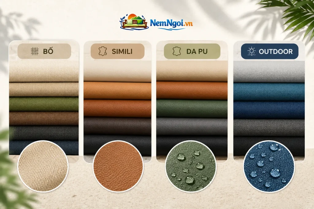 Đa dạng chất liệu may nệm ghế sofa gỗ – sofa mây theo nhu cầu sử dụng.