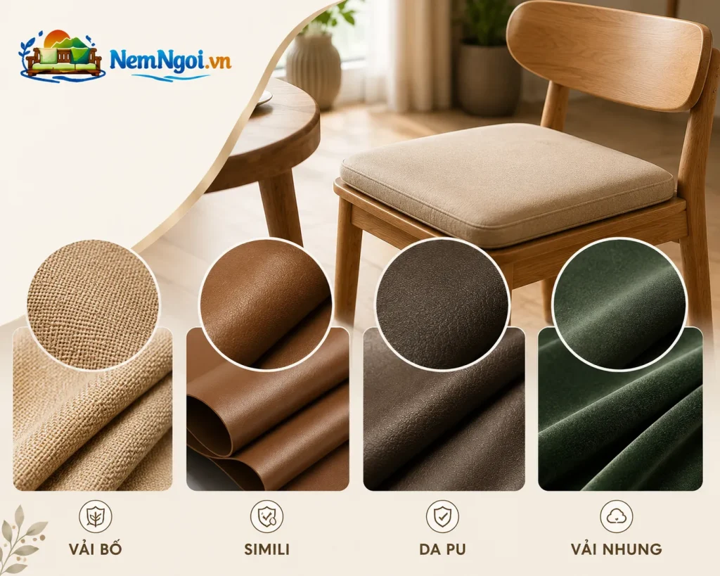Đa dạng chất liệu nệm ghế gỗ bàn ăn phù hợp nhiều phong cách nội thất.