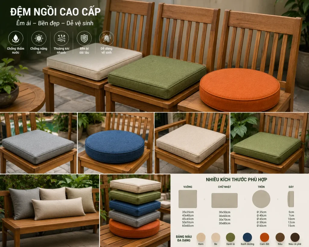 Đệm Ngồi Ghế Gỗ Tại TPHCM | Mẫu Đẹp, Êm Ái, May Theo Yêu Cầu 2 Cấu tạo đệm ngồi ghế gỗ gồm lớp vải bọc và mút đàn hồi giúp tăng độ êm ái khi sử dụng