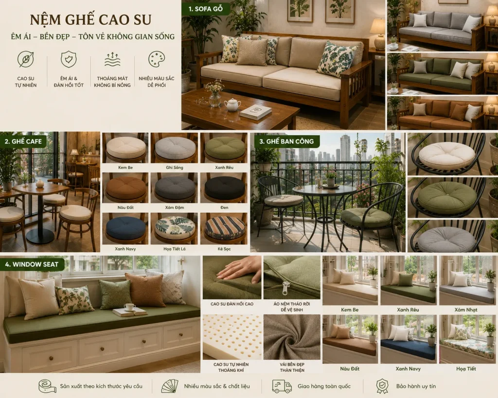May Nệm Ghế Cao Su Tại TPHCM Theo Yêu Cầu Tận Nơi, Giá Tốt, Bền Đẹp 3 Nệm ghế cao su phù hợp cho nhiều không gian như cafe, homestay và phòng khách