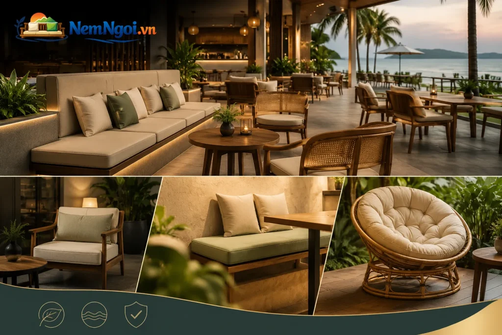 Nệm Ghế Cao Su Bền Đẹp Cho Quán Cafe, Resort, Homestay 2 Nệm ghế cao su giúp tăng sự thoải mái và tính thẩm mỹ cho quán cafe, resort và homestay.
