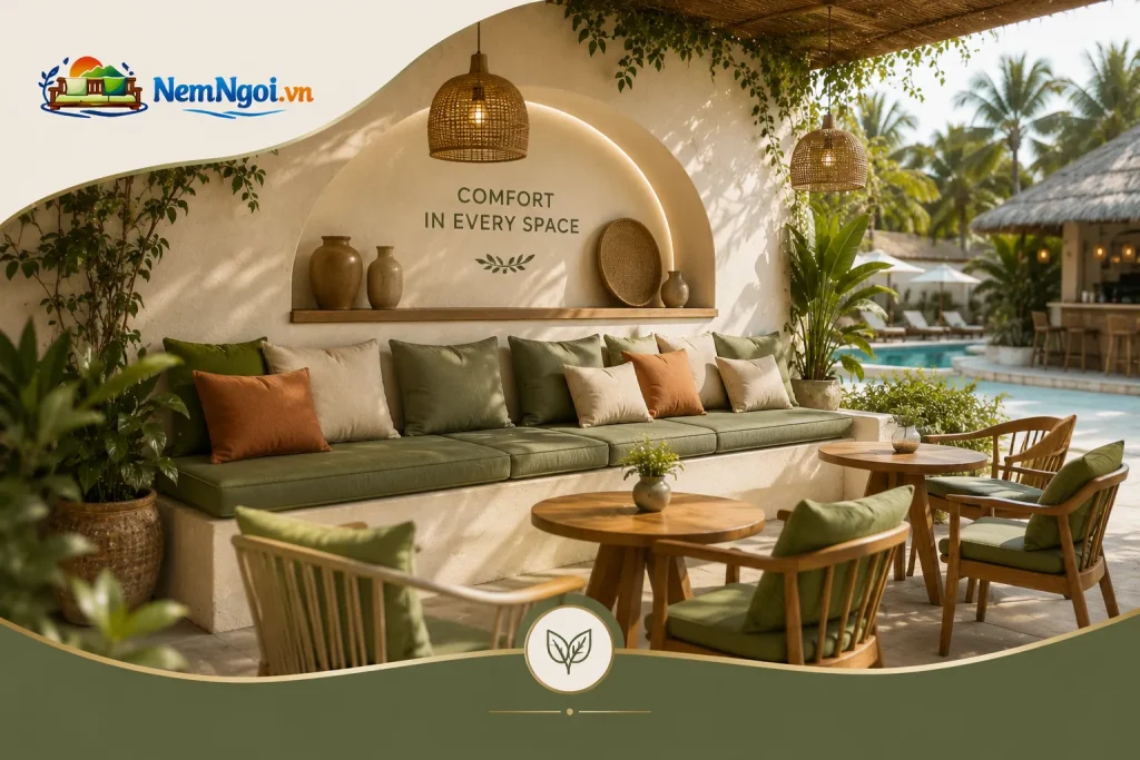 Nệm Ghế Cao Su Bền Đẹp Cho Quán Cafe, Resort, Homestay 14 Nệm ghế cao su hoàn thiện giúp không gian trở nên chuyên nghiệp hơn.