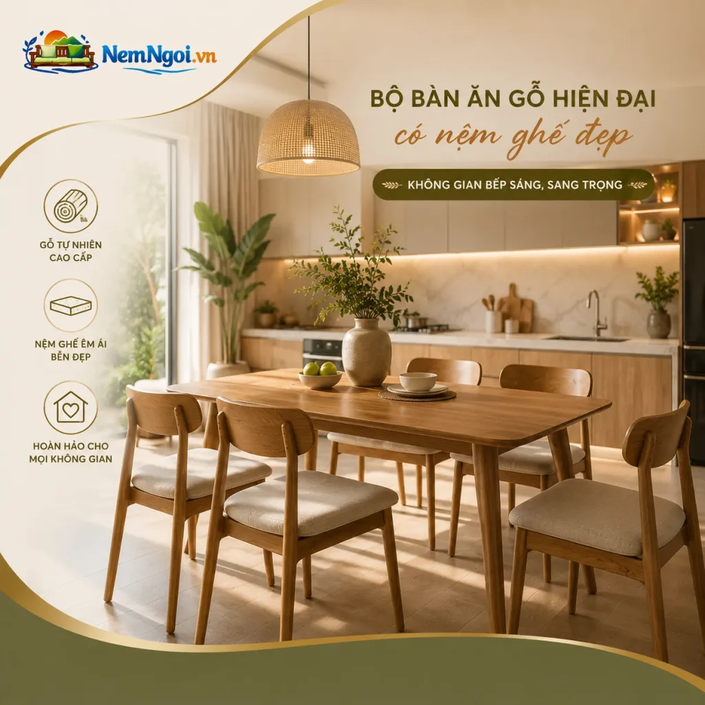 Nệm ghế gỗ bàn ăn giúp không gian bếp trở nên hiện đại và thoải mái hơn.
