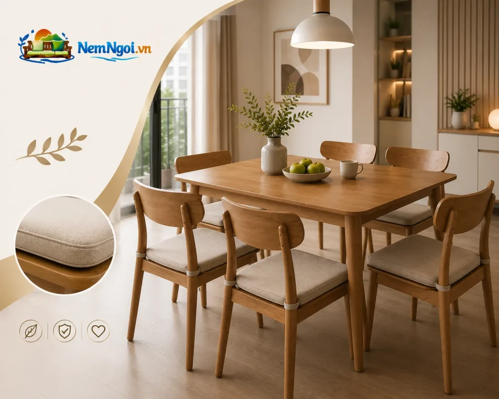 Nệm ghế hoàn thiện giúp không gian bàn ăn đồng bộ và hiện đại hơn.