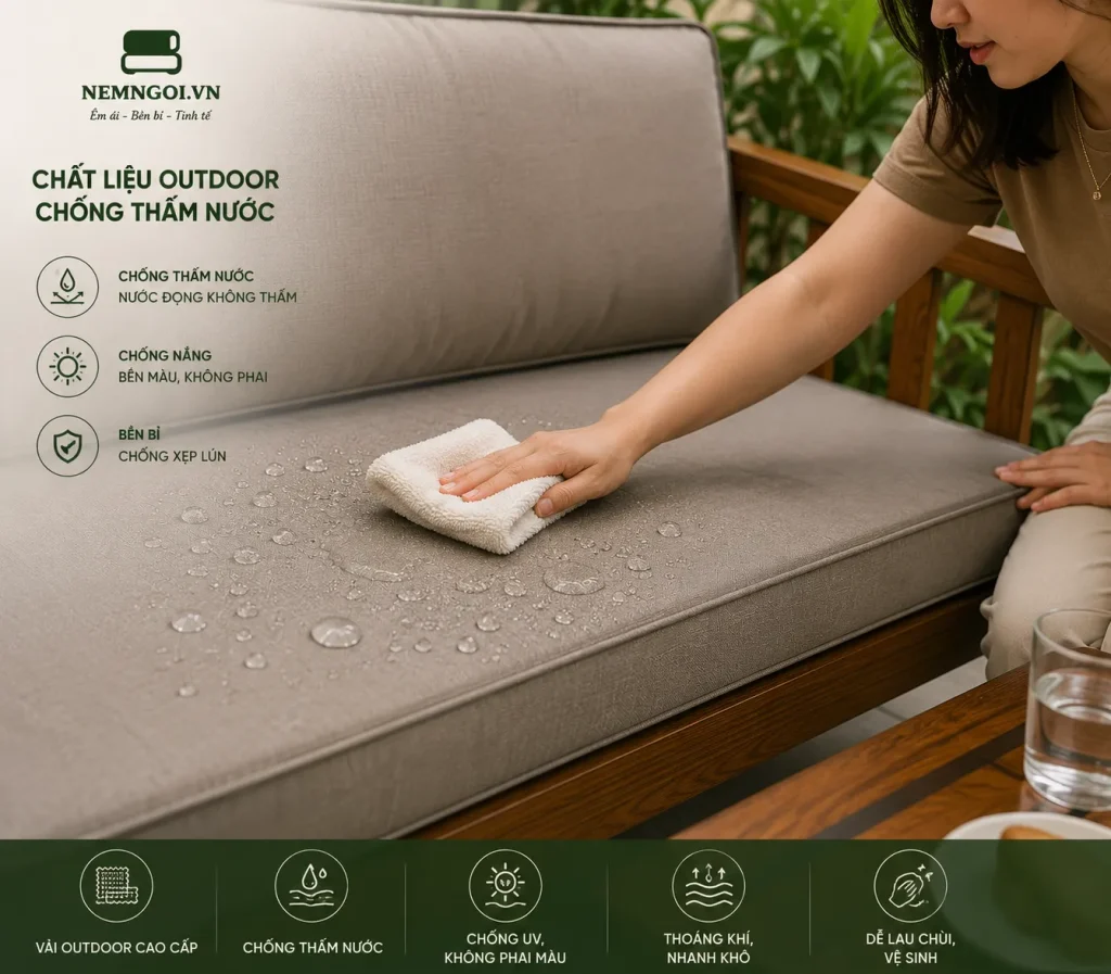 Nệm Ghế Ngoài Trời Chống Nước Đẹp Bền Theo Yêu Cầu 3 Chất liệu outdoor giúp nệm ghế ngoài trời chống nước và dễ vệ sinh