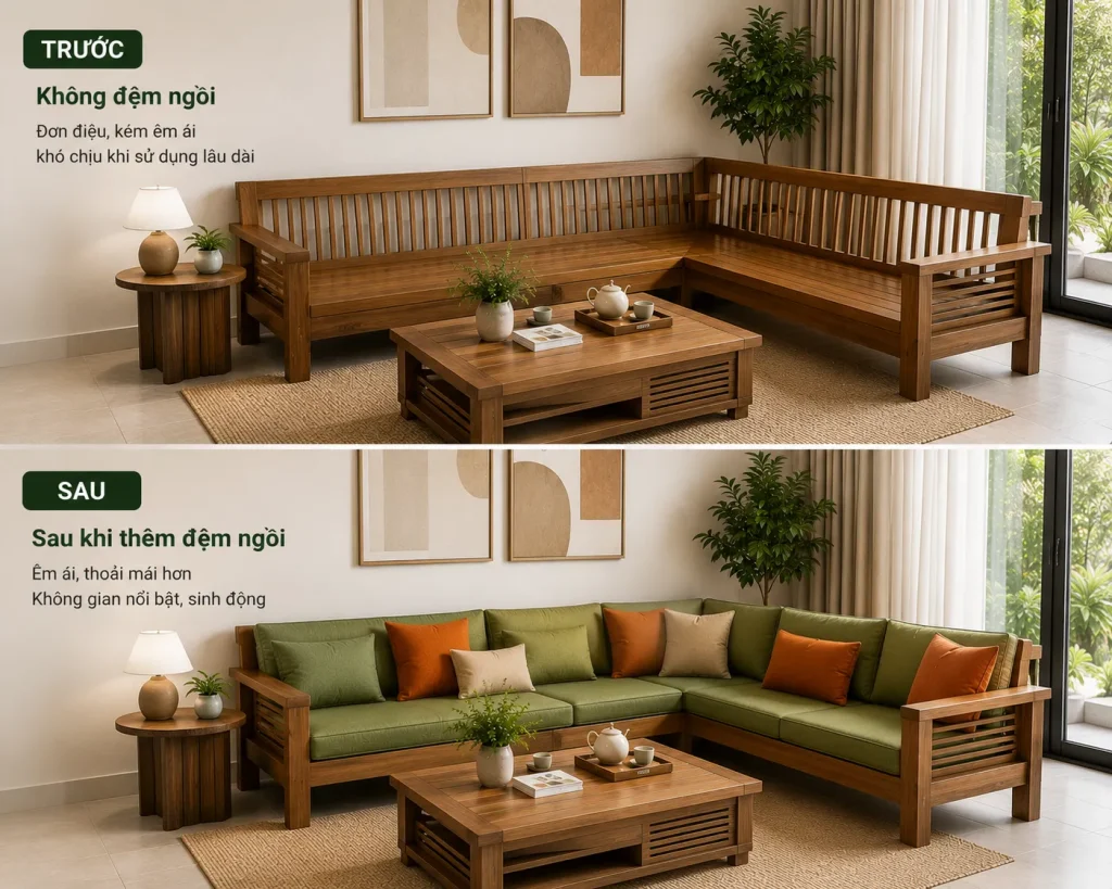 Đệm ngồi giúp tăng tính thẩm mỹ và tạo điểm nhấn cho không gian nội thất.