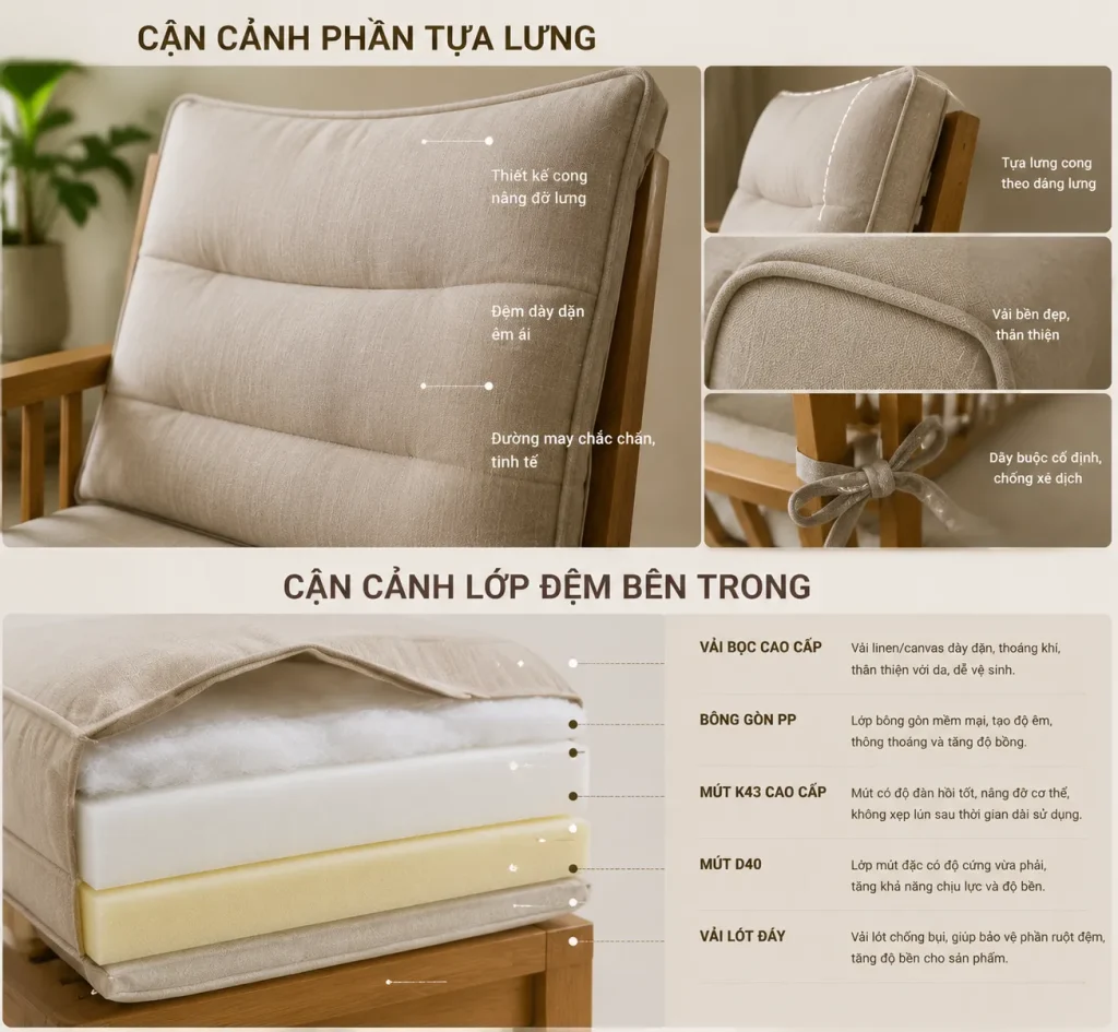 Thiết kế kết hợp đệm và tựa lưng giúp duy trì tư thế ngồi thẳng và giảm mỏi lưng.