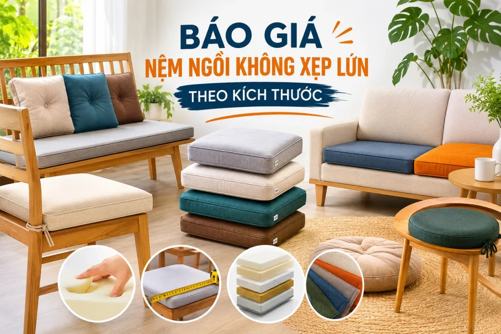 Nệm Ngồi Không Xẹp Lún Theo Kích Thước Giá Tận Xưởng 13 Báo giá nệm ngồi không xẹp lún theo kích thước với nhiều mẫu mã và chất liệu khác nhau.