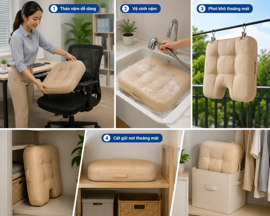 Nệm Ngồi Ghế Văn Phòng Êm Ái, Chống Đau Lưng, Ngồi Lâu Không Mỏi 7 Bảo quản nệm đúng cách giúp tăng tuổi thọ và giữ sự êm ái lâu dài