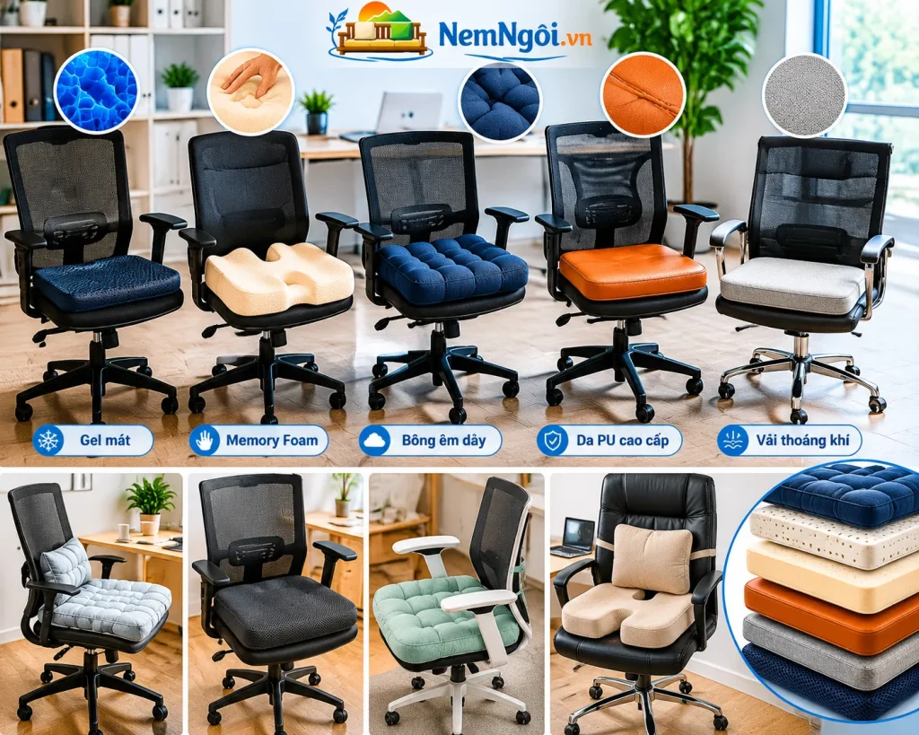 Nệm Ngồi Ghế Văn Phòng Êm Ái, Chống Đau Lưng, Ngồi Lâu Không Mỏi 4 Các loại nệm ngồi ghế văn phòng phổ biến trên thị trường, đa dạng chất liệu và thiết kế.”