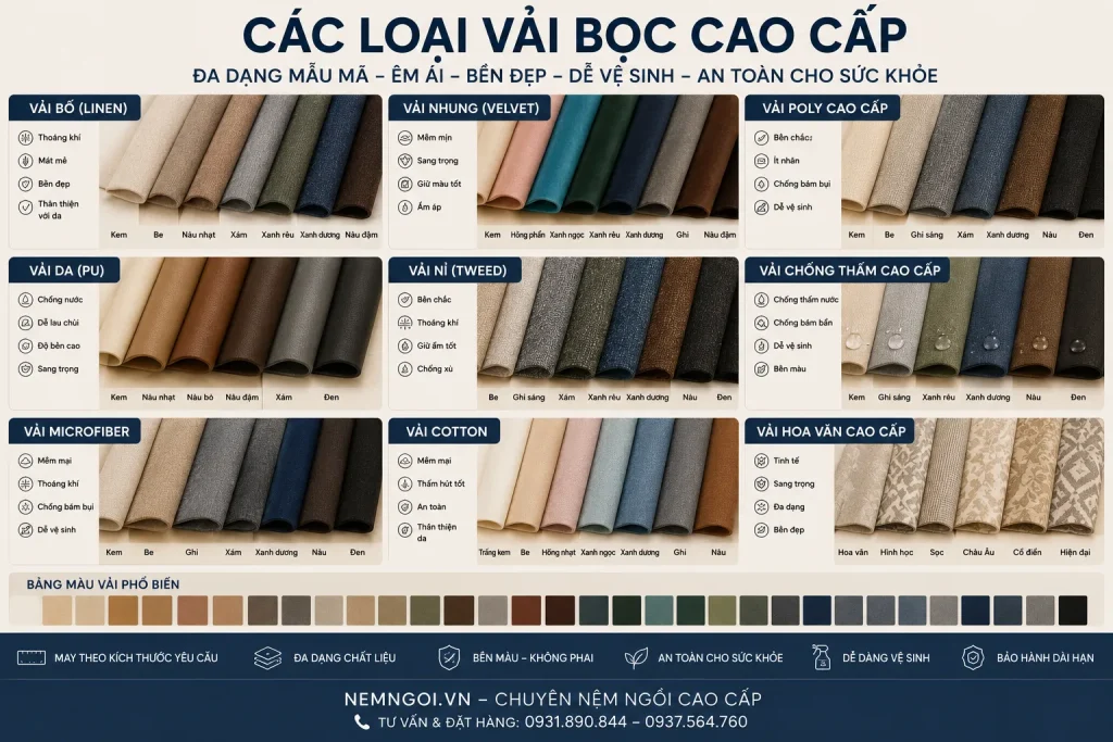Bảng màu Nệm Ngồi Bàn Trà đa dạng, dễ phối nội thất