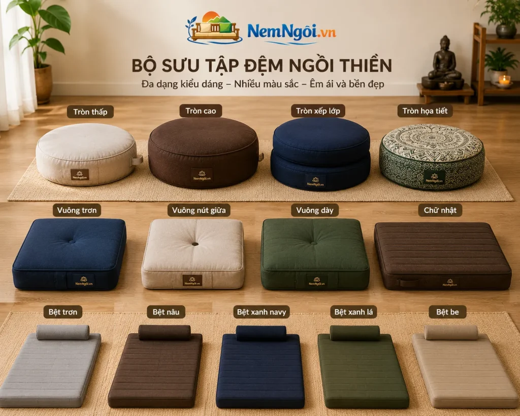 Đệm ngồi thiền hiện nay được thiết kế đa dạng về màu sắc, chất liệu và kích thước.
