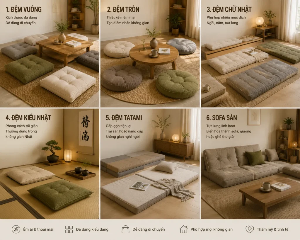 Đệm Bệt Phòng Khách, Ban Công, Quán Cafe | May Theo Yêu Cầu 4 Mẫu thiết kế đa dạng của đệm bệt – từ kiểu vuông đến phong cách Nhật, phù hợp nhiều không gian