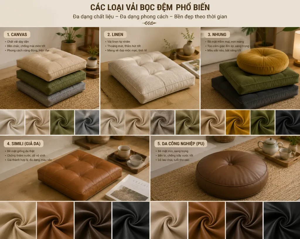 Đệm Ngồi Bệt Đẹp, Êm Ái, Nhiều Kích Thước | May Theo Yêu Cầu 9 Các chất liệu phổ biến dùng để may đệm ngồi bệt theo yêu cầu.