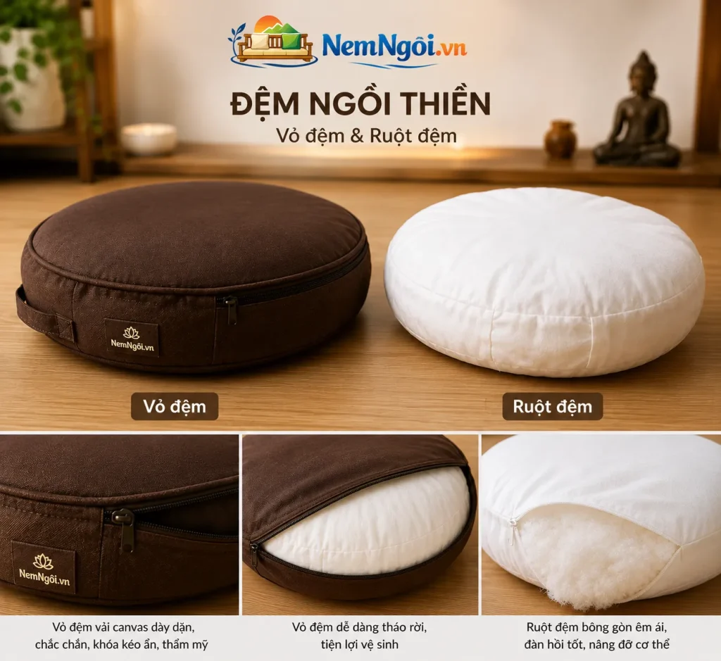 Đệm ngồi thiền được cấu tạo từ vỏ bọc bền đẹp và ruột đệm có độ đàn hồi tốt.