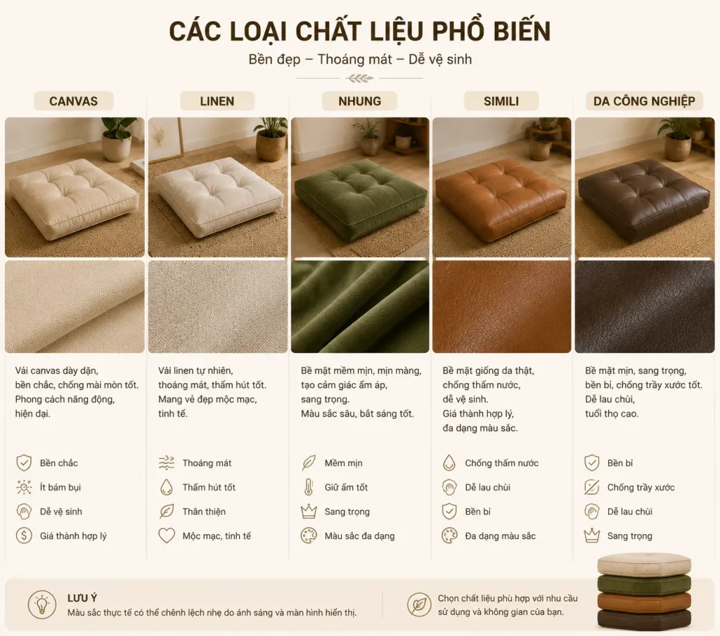 Nệm Ngồi Giá Xưởng Tận Gốc – Êm Ái, Bền Đẹp, Giá Tốt Nhất 2026 6 Các chất liệu cao cấp giúp nệm ngồi có độ đàn hồi tốt, bền đẹp và sử dụng lâu dài.