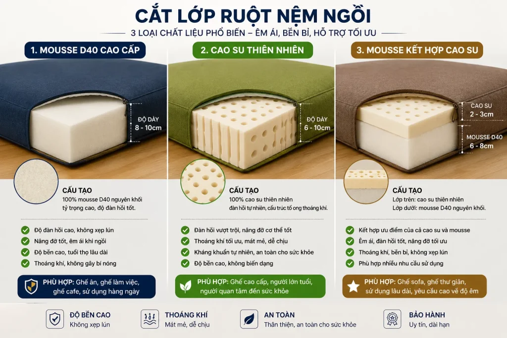 Nệm Ngồi Không Xẹp Lún Theo Kích Thước Giá Tận Xưởng 4 Mousse D40 và cao su thiên nhiên là những vật liệu phổ biến giúp nệm ngồi chống xẹp lún hiệu quả.