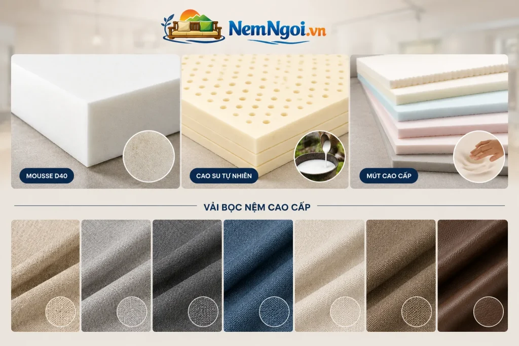 Cấu tạo nệm ngồi sofa gồm ruột mút đàn hồi cao cấp và vỏ bọc tháo rời tiện vệ sinh.