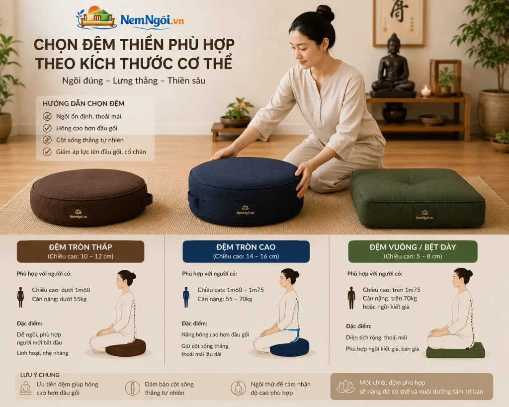 Lựa chọn kích thước và độ dày phù hợp giúp tối ưu trải nghiệm thiền định.