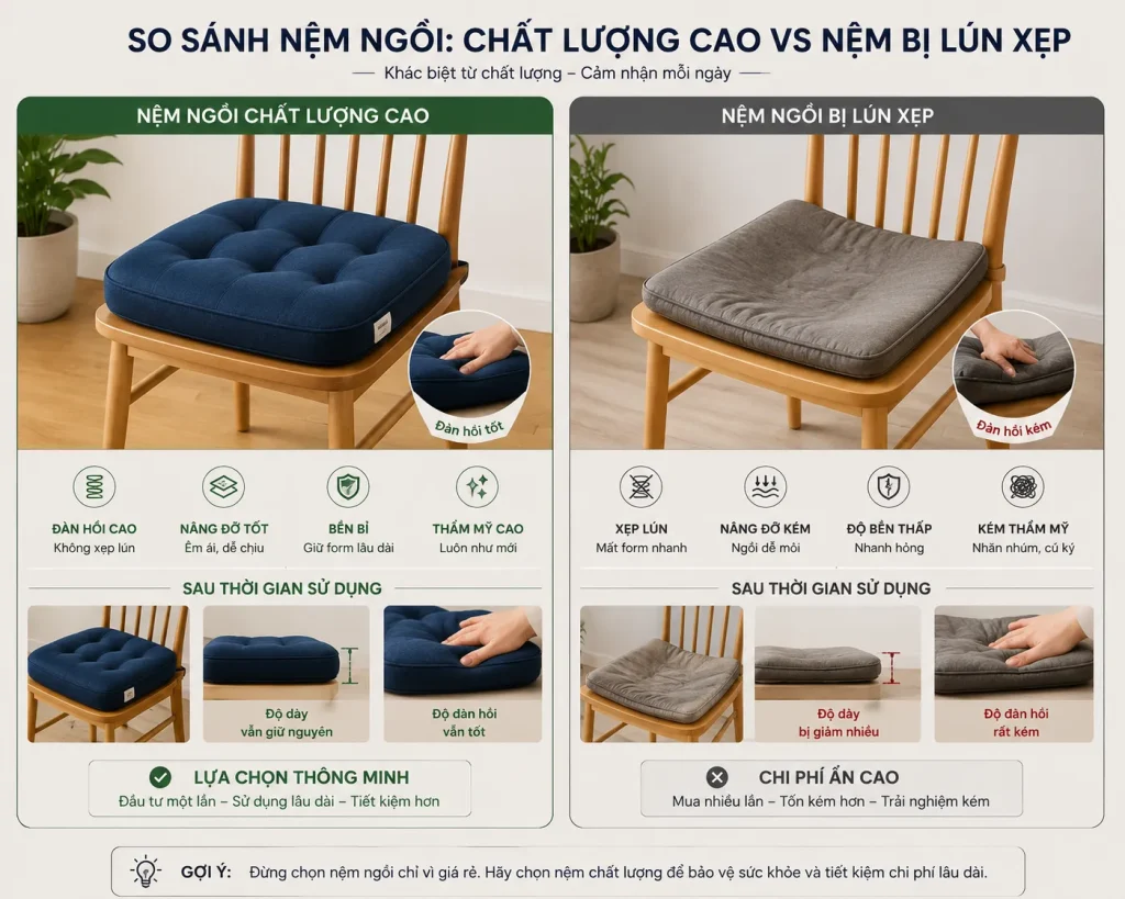 Nệm Ngồi Không Xẹp Lún Theo Kích Thước Giá Tận Xưởng 3 Nệm ngồi không xẹp lún giúp duy trì độ đàn hồi và hình dáng ổn định trong thời gian dài.