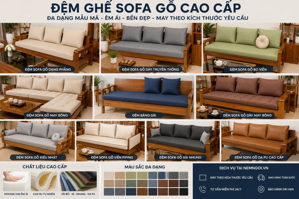 Đệm ghế sofa gỗ mang đến cảm giác êm ái và nâng cao giá trị thẩm mỹ cho bộ ghế.