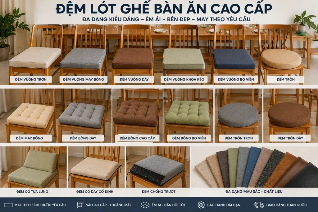 Đệm lót ghế bàn ăn giúp tạo cảm giác dễ chịu hơn trong các bữa ăn gia đình hoặc không gian nhà hàng.