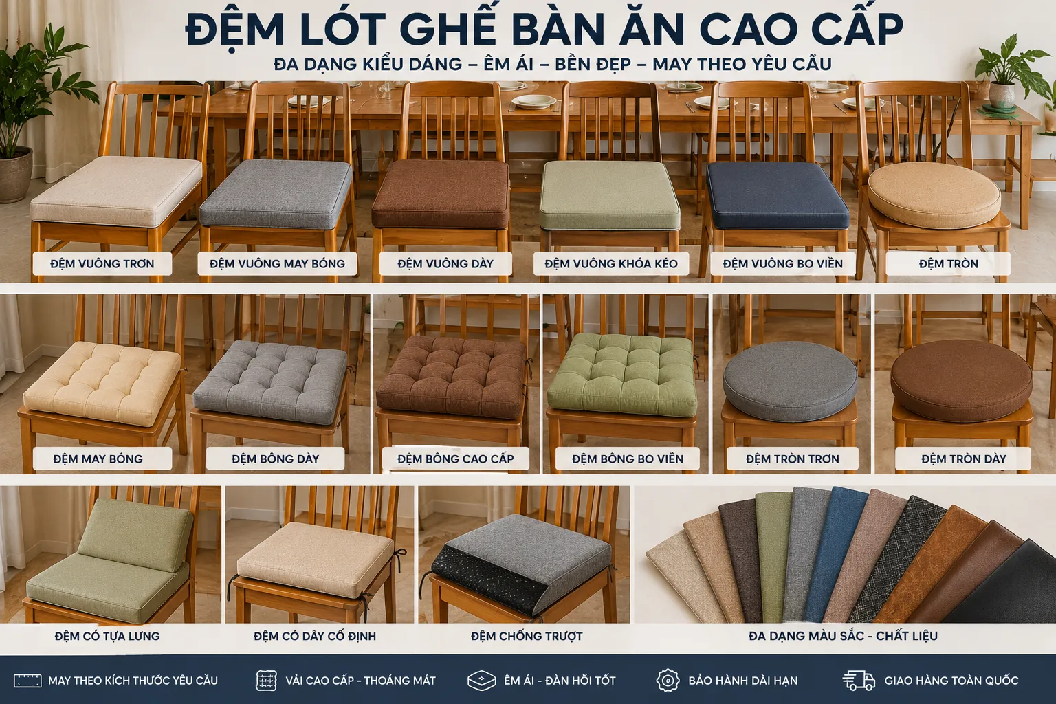 nệm ghế gỗ 5 Đệm lót ghế bàn ăn giúp tạo cảm giác dễ chịu hơn trong các bữa ăn gia đình hoặc không gian nhà hàng.
