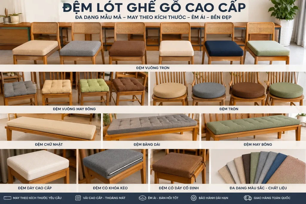 Đệm giúp giảm cảm giác cứng khi ngồi, đồng thời tạo điểm nhấn sang trọng cho không gian.
