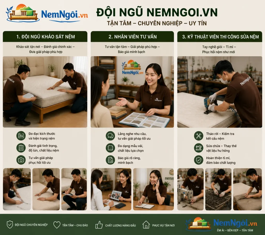 Sửa Nệm Cũ Tại TPHCM – Dịch Vụ Nhanh, Giá Tốt, Chất Lượng Cao 5 Quy trình sửa chửa nệm chuyên nghiệp của Nemngoi.vn