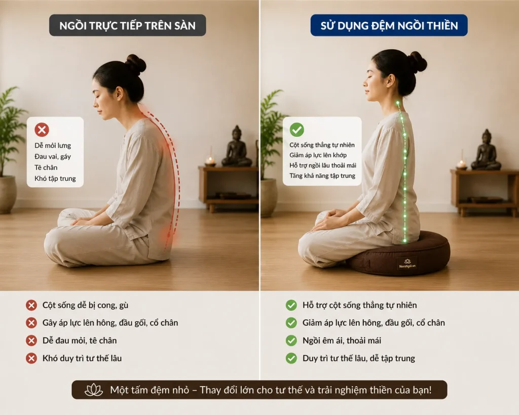 Đệm ngồi thiền giúp giảm tê chân và đau mỏi khi thiền trong thời gian dài.