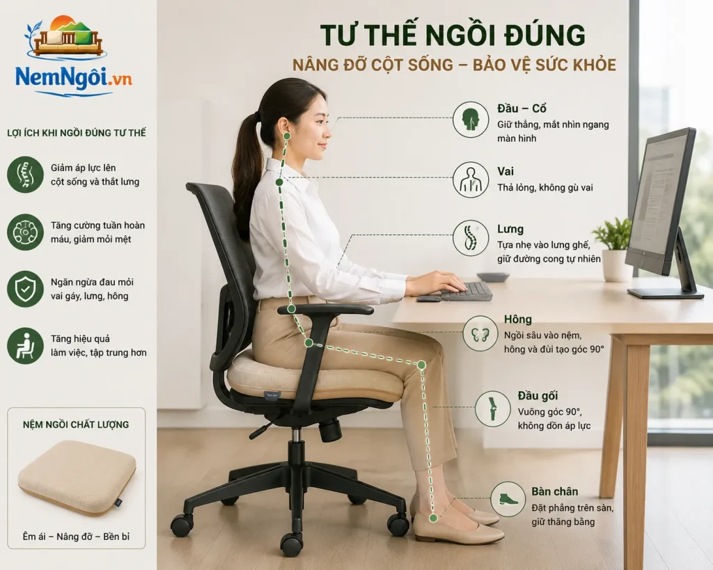 Nệm Ngồi Ghế Văn Phòng Êm Ái, Chống Đau Lưng, Ngồi Lâu Không Mỏi 2 Nệm ngồi ghế văn phòng giúp duy trì tư thế ngồi chuẩn và giảm áp lực cột sống