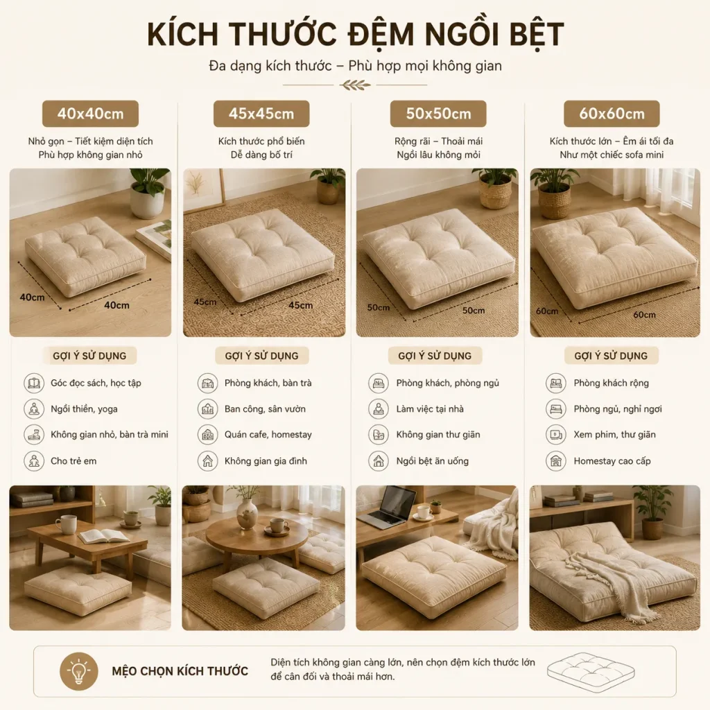 Đệm Bệt Phòng Khách, Ban Công, Quán Cafe | May Theo Yêu Cầu 7 Các kích thước đệm bệt phổ biến giúp lựa chọn theo nhu cầu
