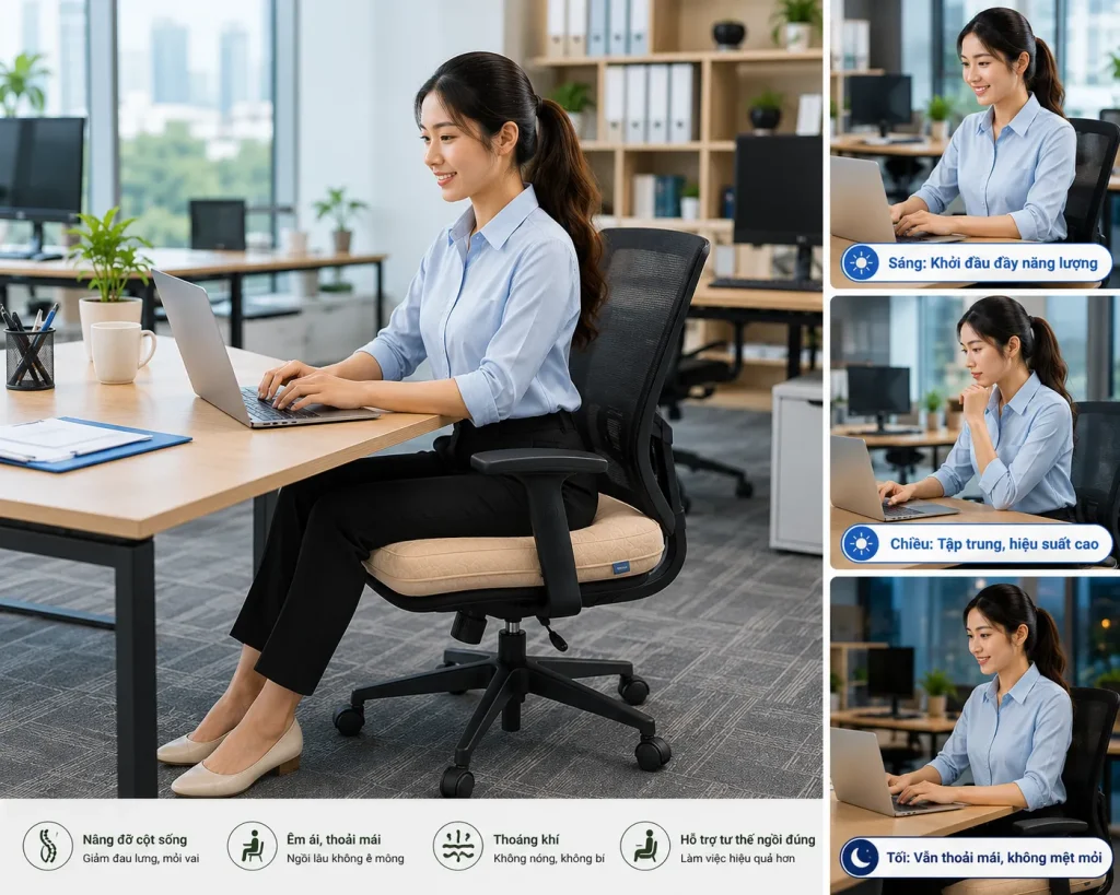 Nệm Ngồi Ghế Văn Phòng Êm Ái, Chống Đau Lưng, Ngồi Lâu Không Mỏi 6 Sử dụng nệm ngồi ghế văn phòng giúp nâng cao sự thoải mái và năng suất làm việc.