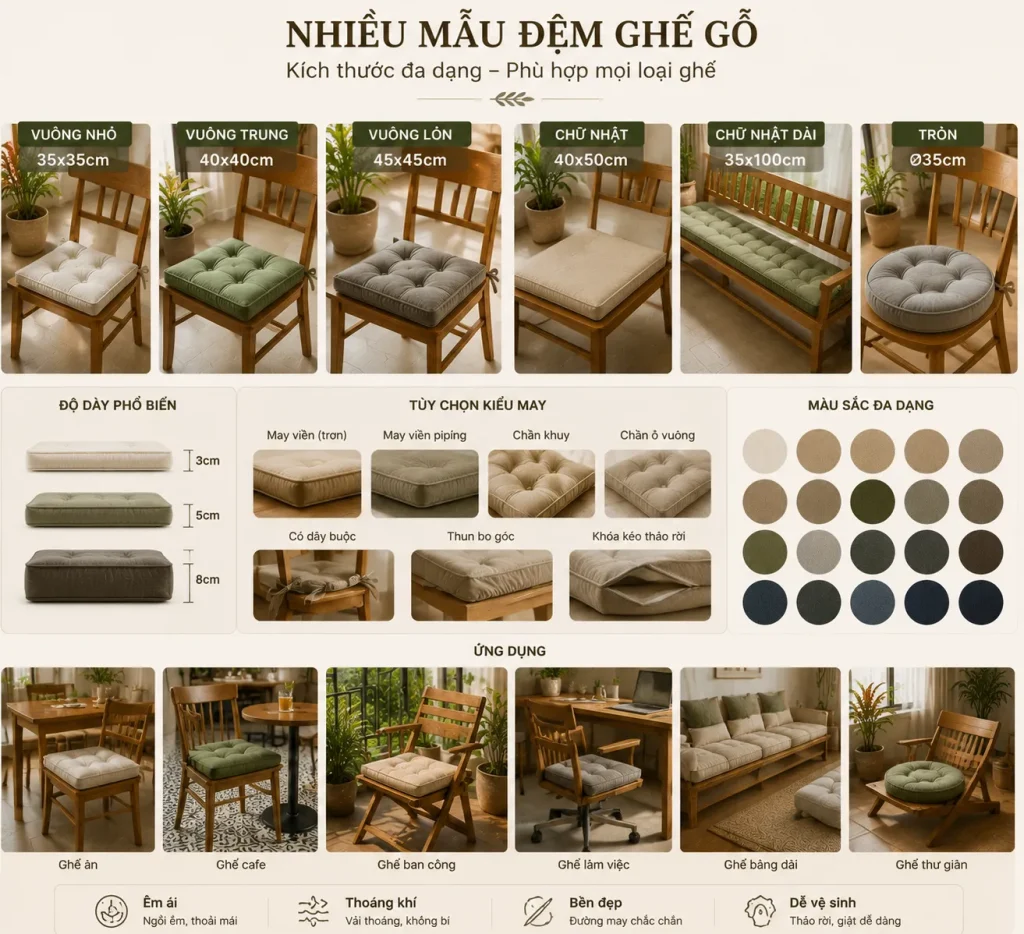 Đệm lót ghế gỗ được may theo kích thước riêng phù hợp từng kiểu ghế.