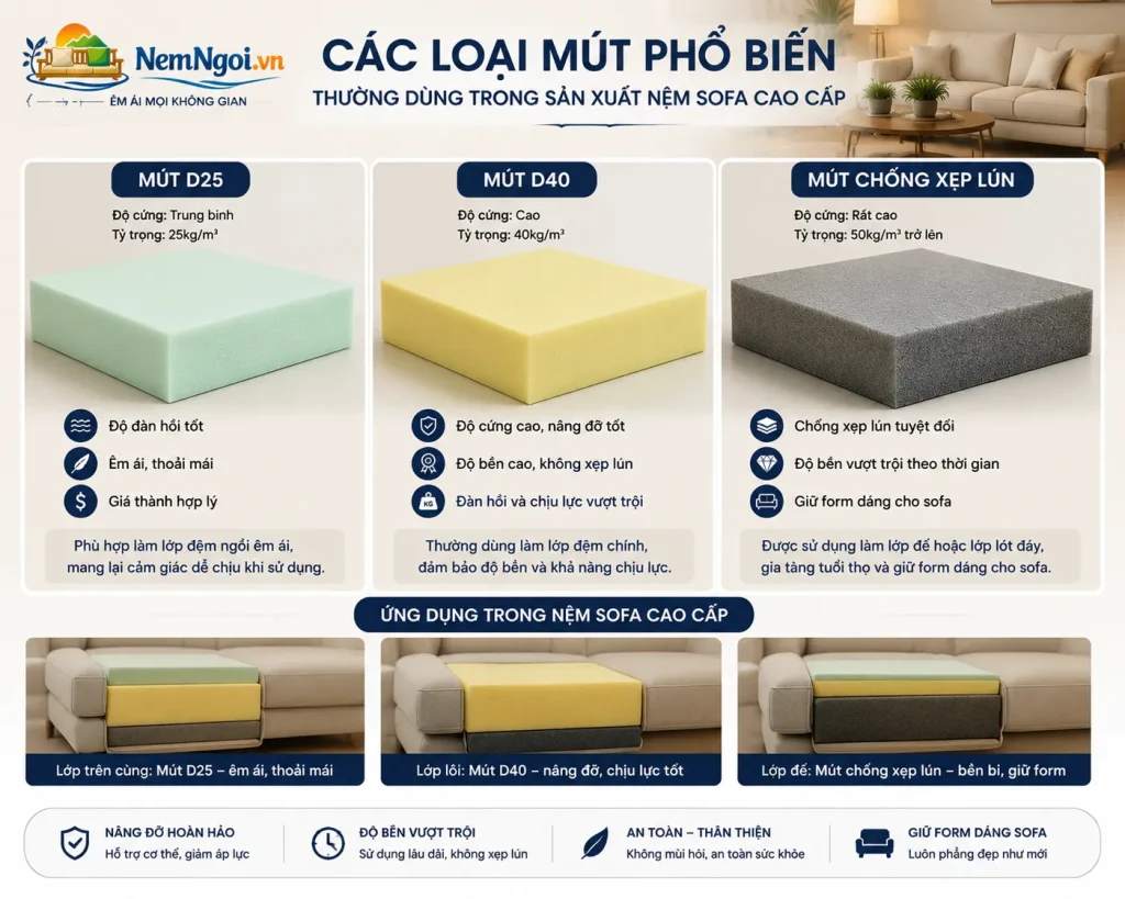 Các loại mút D25, D40 và mút chống xẹp lún thường dùng trong sản xuất nệm sofa cao cấp.