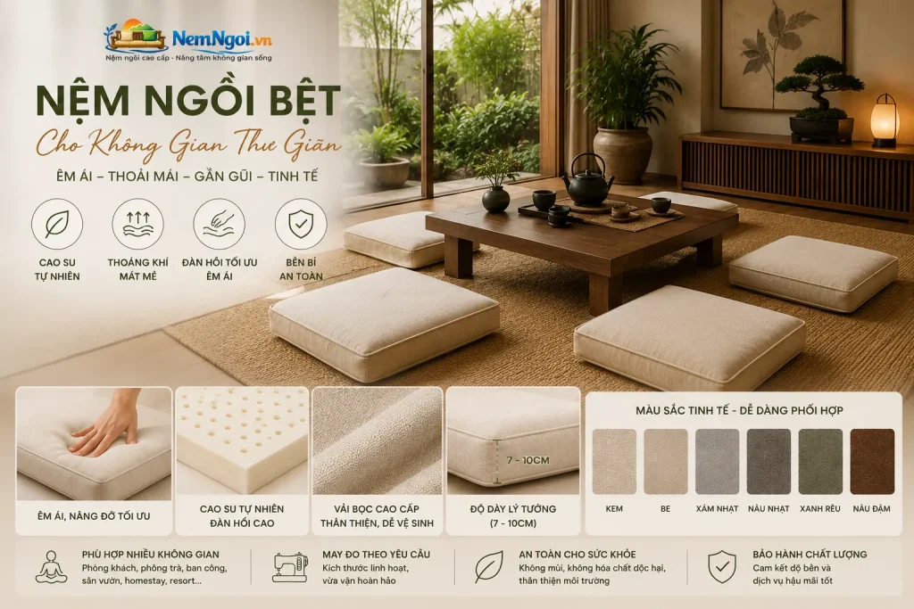 10 Mẫu Nệm ở Khách Sạn 5 Sao Giá Tốt, Êm Ái Và Sang Trọng 9 Nệm ngồi bệt cao cấp mang đến góc thư giãn ấm cúng, tinh tế và gần gũi với thiên nhiên.