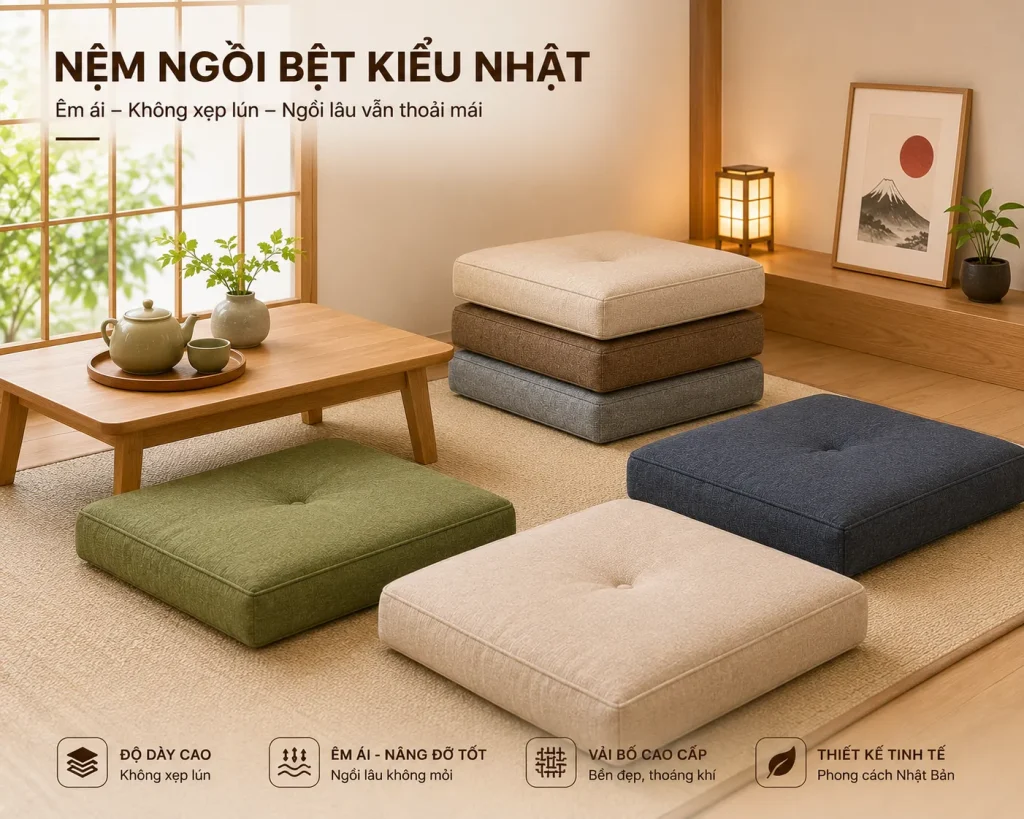 Nệm Ngồi Không Xẹp Lún Theo Kích Thước Giá Tận Xưởng 8 Nệm Ngồi Bệt Kiểu Nhật không xẹp lún