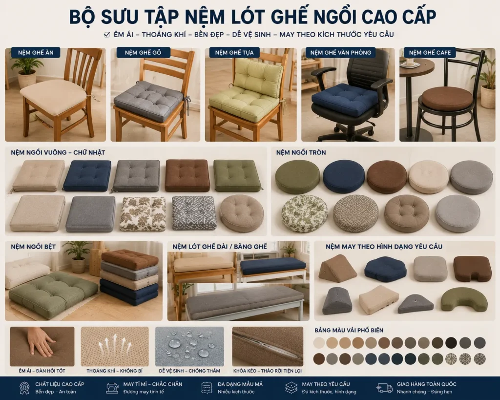 NemNgoi.vn chuyên sản xuất đệm lót ghế ngồi theo yêu cầu với chất lượng cao.