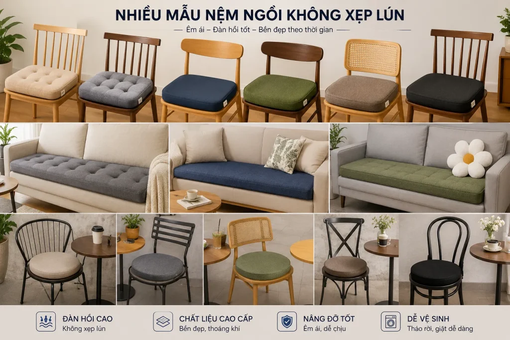 Nệm Ngồi Không Xẹp Lún Theo Kích Thước Giá Tận Xưởng 2 Nệm ngồi không xẹp lún sản xuất theo kích thước, giữ form bền đẹp và phù hợp nhiều không gian nội thất.
